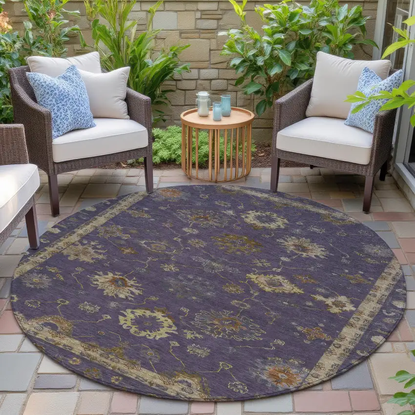 8' Eggplant And Gold Round Floral Washable Indoor Outdoor Area Rug Photo 6