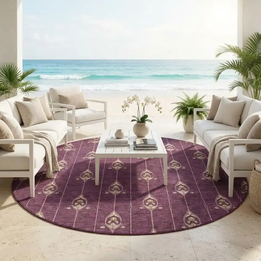 8' Eggplant And Graphite Round Geometric Washable Indoor Outdoor Area Rug Photo 1