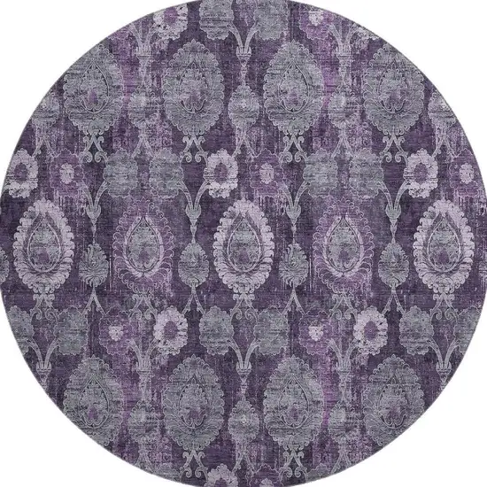8' Eggplant And Gray Damask Washable Round Rug With UV Protection Photo 4