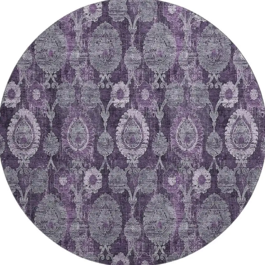 8' Eggplant And Gray Damask Washable Round Rug With UV Protection Photo 4
