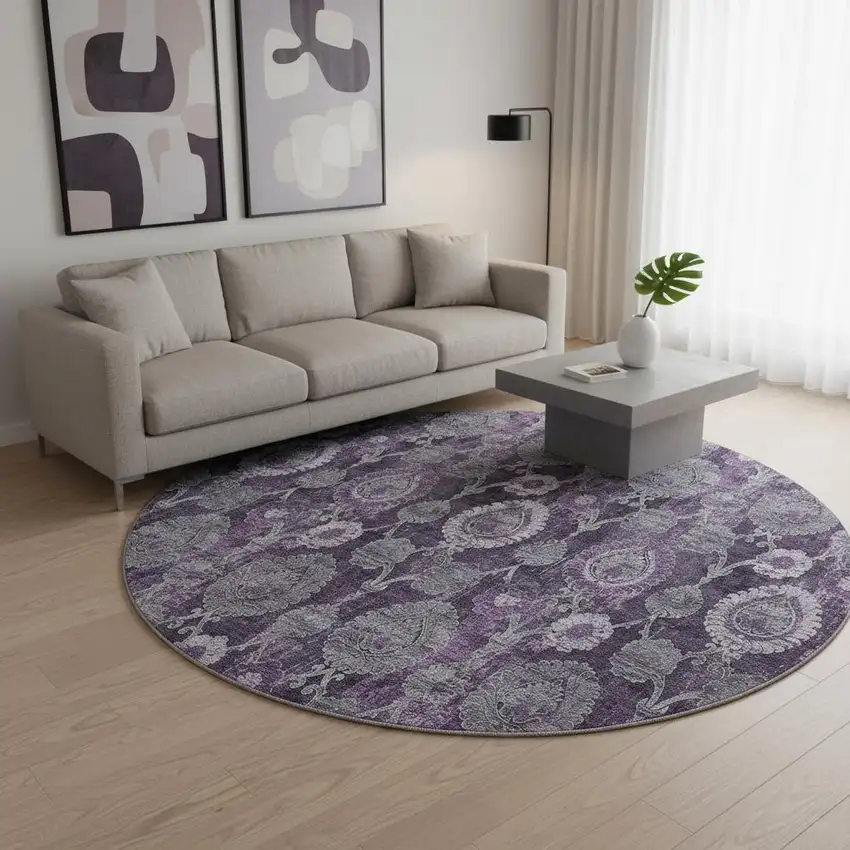 8' Eggplant And Gray Damask Washable Round Rug With UV Protection Photo 2