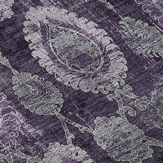 8' Eggplant And Gray Damask Washable Round Rug With UV Protection Photo 9