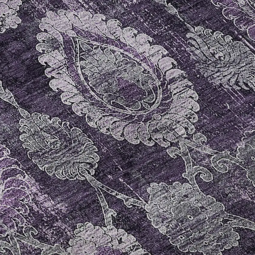 8' Eggplant And Gray Damask Washable Round Rug With UV Protection Photo 9