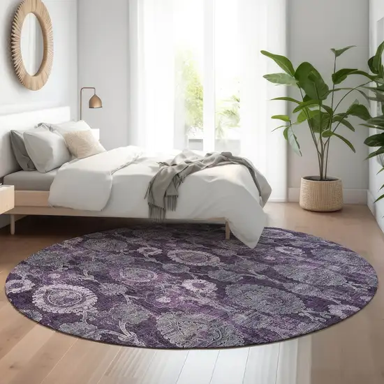 8' Eggplant And Gray Damask Washable Round Rug With UV Protection Photo 5