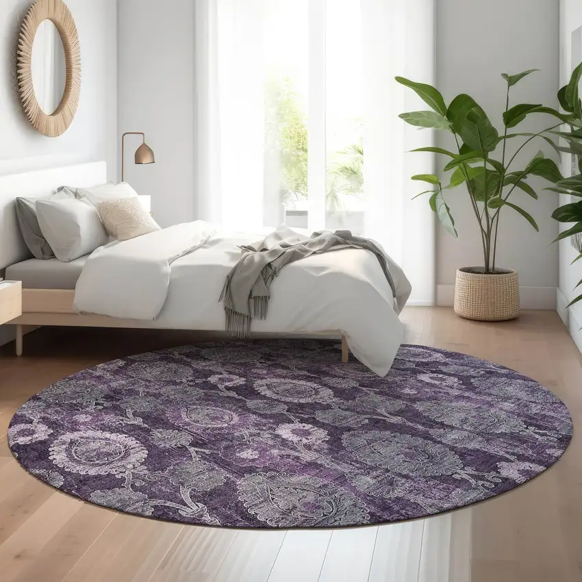 8' Eggplant And Gray Damask Washable Round Rug With UV Protection Photo 5