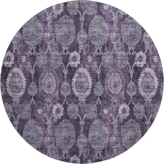 8' Eggplant And Gray Damask Washable Round Rug With UV Protection Photo 1