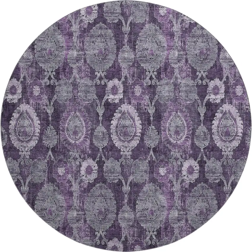 8' Eggplant And Gray Damask Washable Round Rug With UV Protection Photo 1