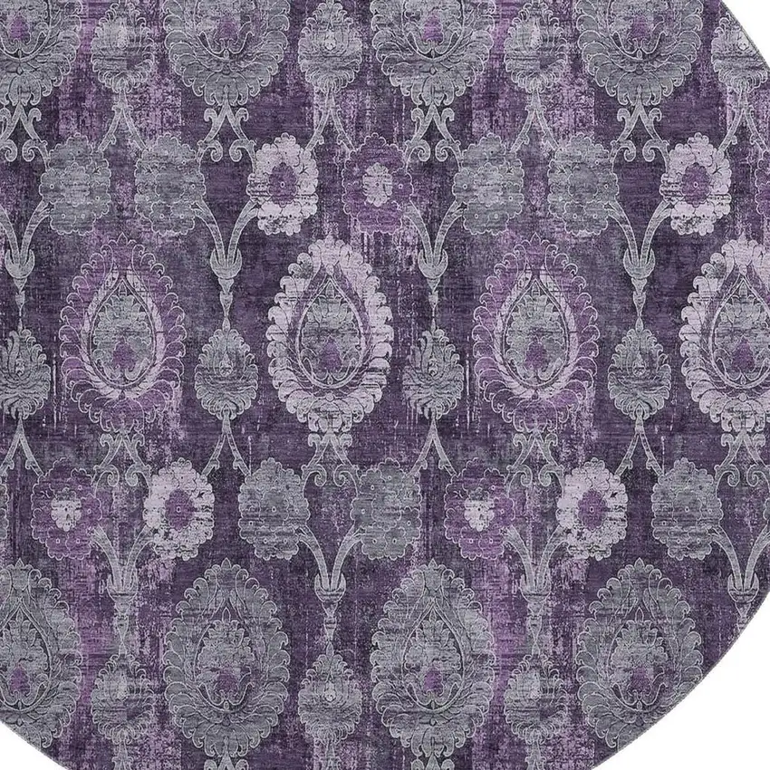 8' Eggplant And Gray Damask Washable Round Rug With UV Protection Photo 3