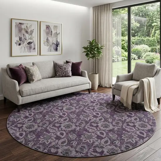 8' Eggplant And Gray Floral Washable Round Rug With UV Protection Photo 1