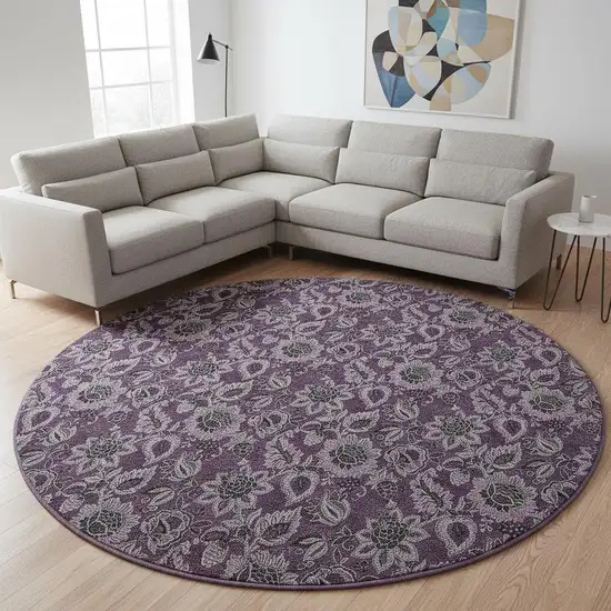 8' Eggplant And Gray Floral Washable Round Rug With UV Protection Photo 2