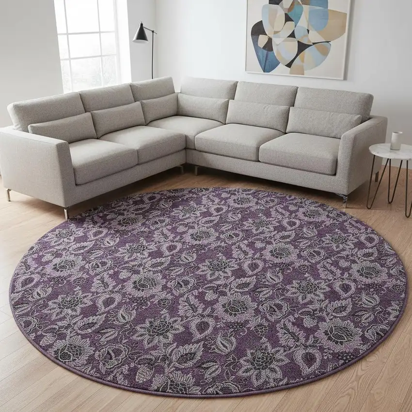 8' Eggplant And Gray Floral Washable Round Rug With UV Protection Photo 2