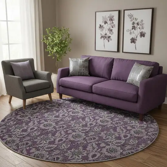 8' Eggplant And Gray Floral Washable Round Rug With UV Protection Photo 1