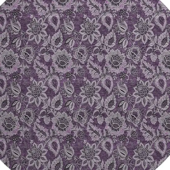 8' Eggplant And Gray Floral Washable Round Rug With UV Protection Photo 3