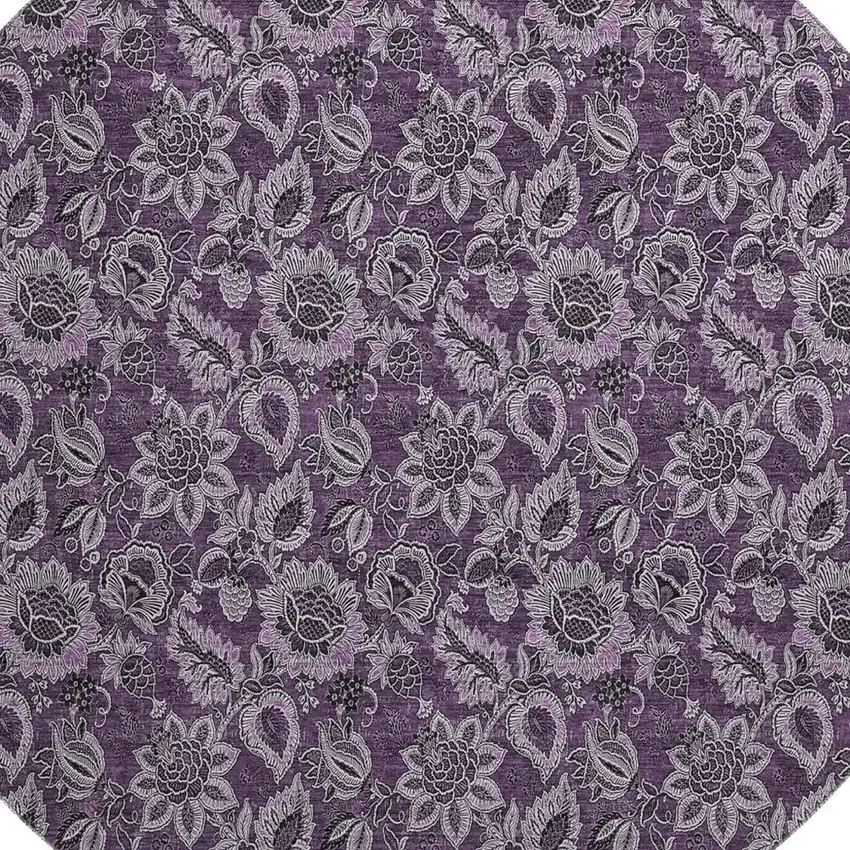 8' Eggplant And Gray Floral Washable Round Rug With UV Protection Photo 3