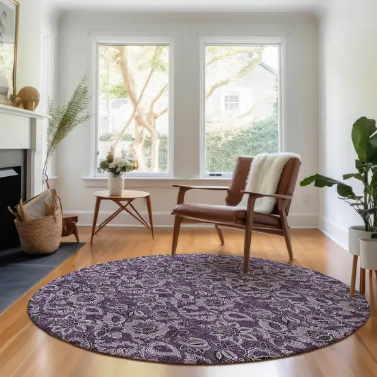 8' Eggplant And Gray Floral Washable Round Rug With UV Protection Photo 4