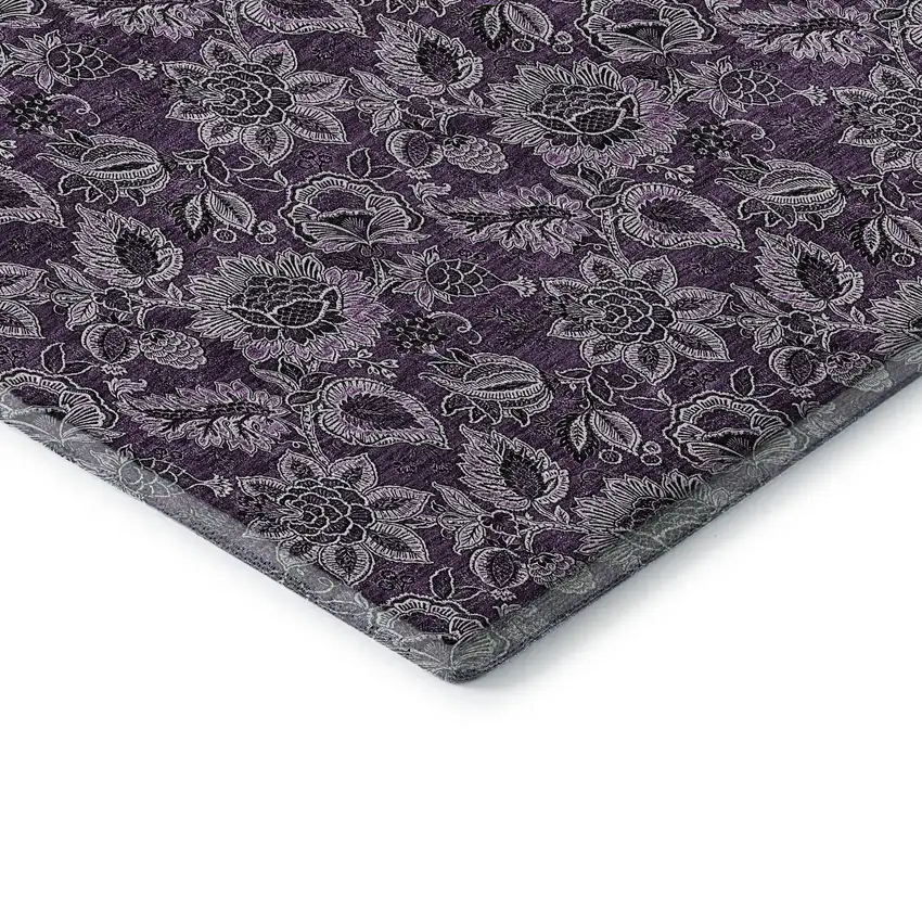 8' Eggplant And Gray Floral Washable Round Rug With UV Protection Photo 7