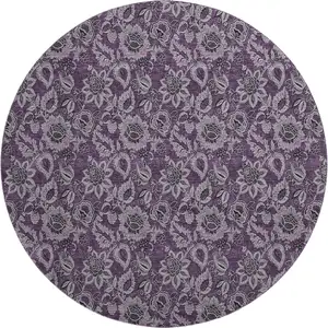 Photo of 8' Eggplant And Gray Floral Washable Round Rug With UV Protection