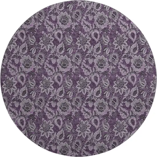 8' Eggplant And Gray Floral Washable Round Rug With UV Protection Photo 1