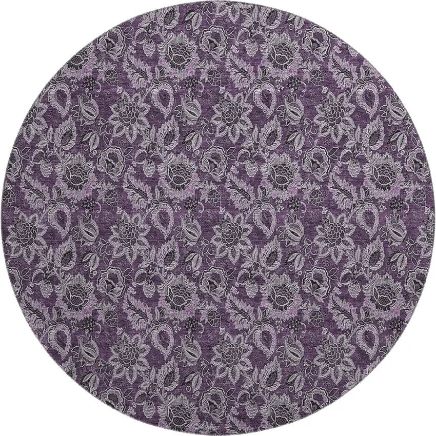 8' Eggplant And Gray Floral Washable Round Rug With UV Protection Photo 1
