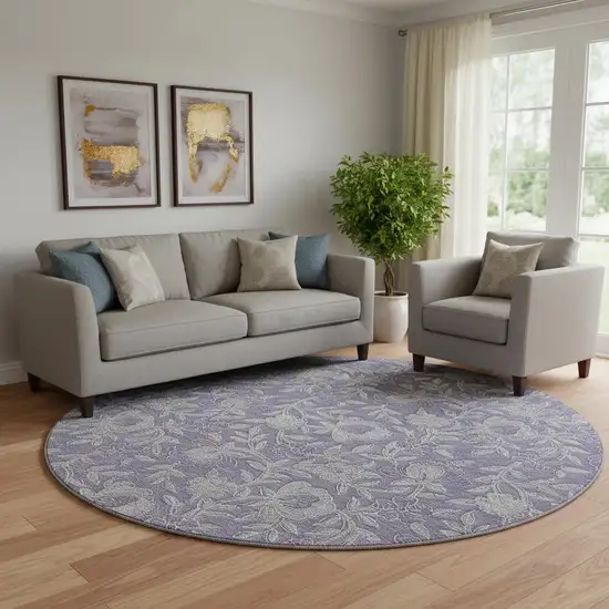 8' Eggplant And Gray Floral Washable Round Rug With UV Protection Photo 1