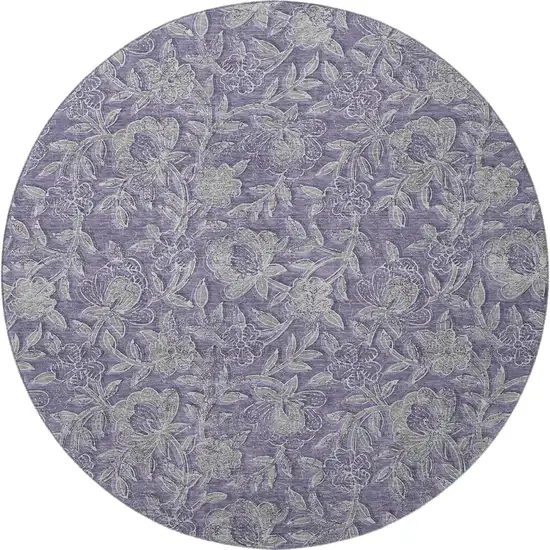 8' Eggplant And Gray Floral Washable Round Rug With UV Protection Photo 4