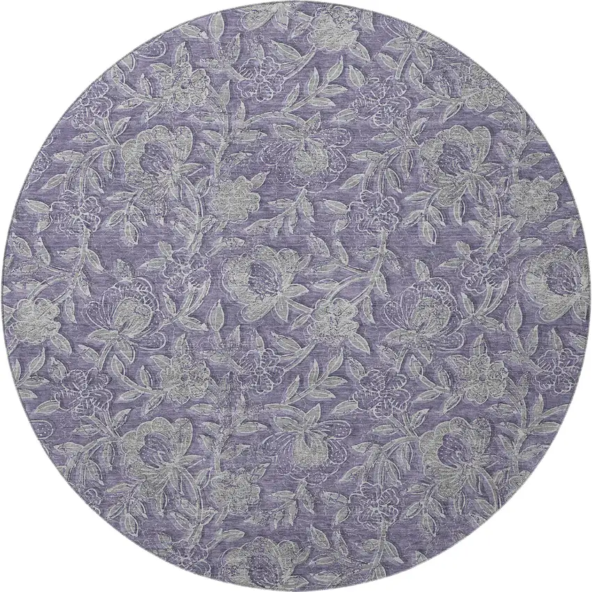 8' Eggplant And Gray Floral Washable Round Rug With UV Protection Photo 4
