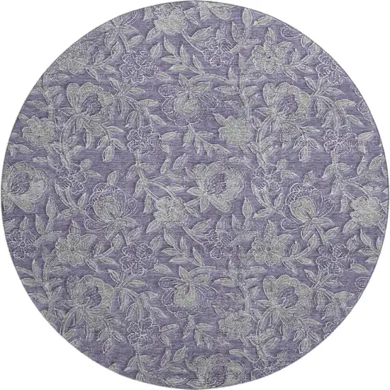 8' Eggplant And Gray Floral Washable Round Rug With UV Protection Photo 1