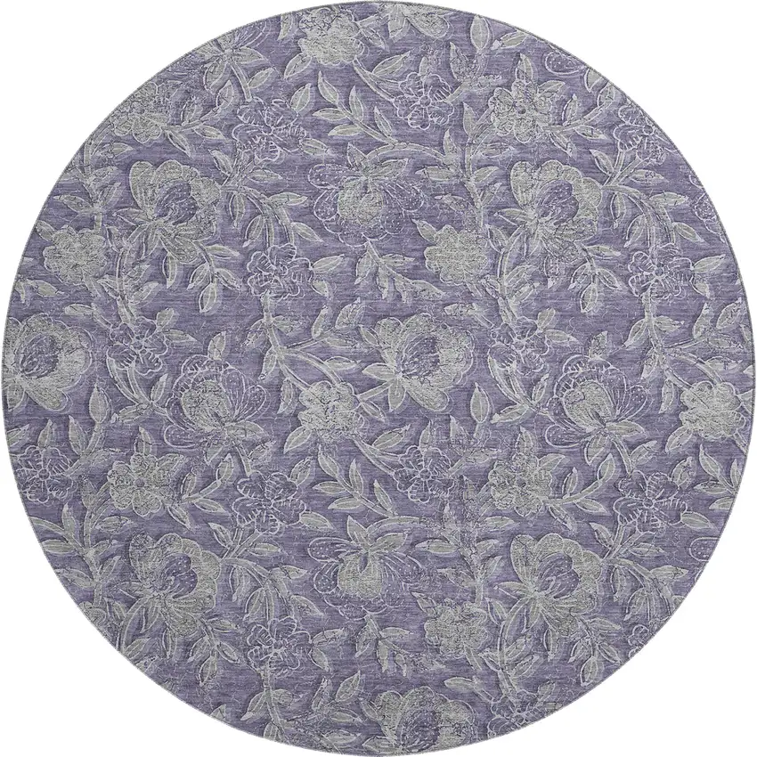 8' Eggplant And Gray Floral Washable Round Rug With UV Protection Photo 1