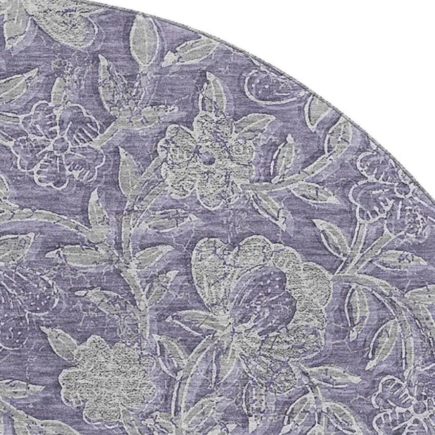 8' Eggplant And Gray Floral Washable Round Rug With UV Protection Photo 3
