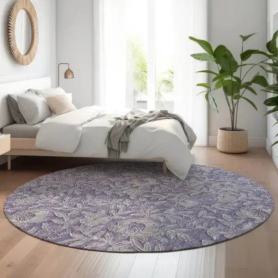 8' Eggplant And Gray Floral Washable Round Rug With UV Protection Photo 5
