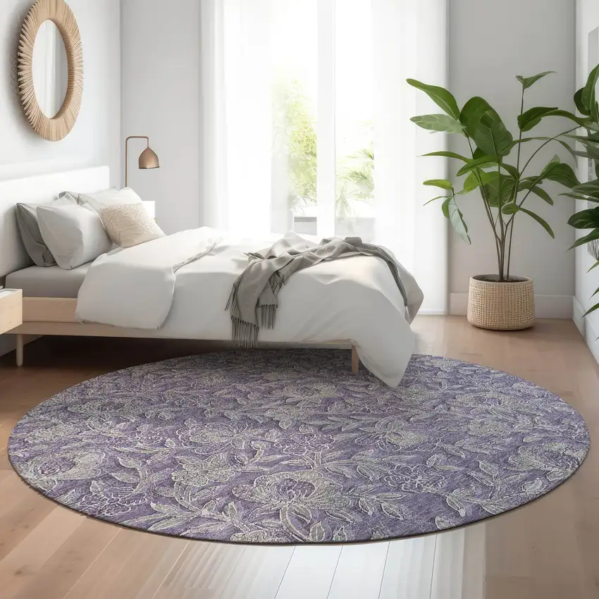 8' Eggplant And Gray Floral Washable Round Rug With UV Protection Photo 5