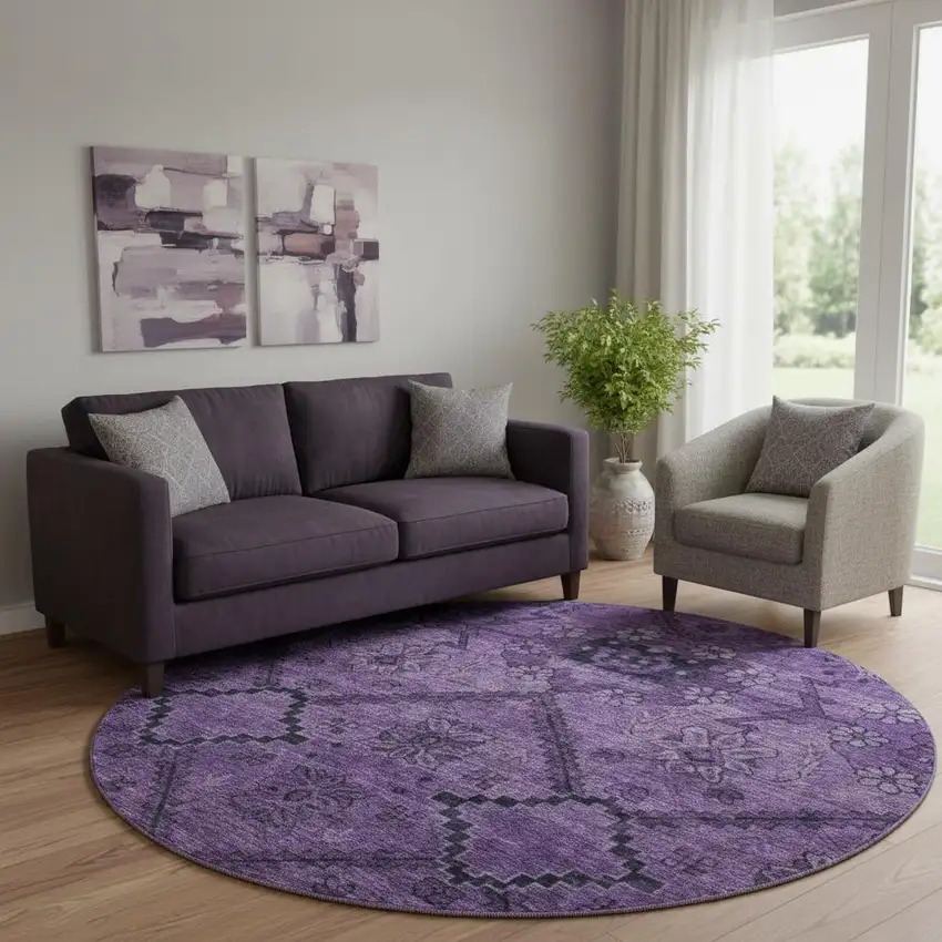 8' Eggplant And Gray Floral Washable Round Rug With UV Protection Photo 1