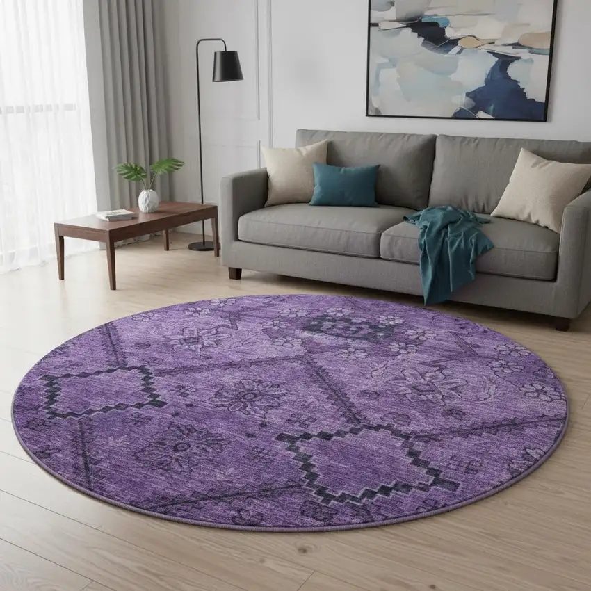 8' Eggplant And Gray Floral Washable Round Rug With UV Protection Photo 2