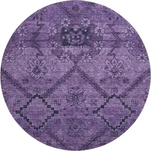 Photo of 8' Eggplant And Gray Floral Washable Round Rug With UV Protection