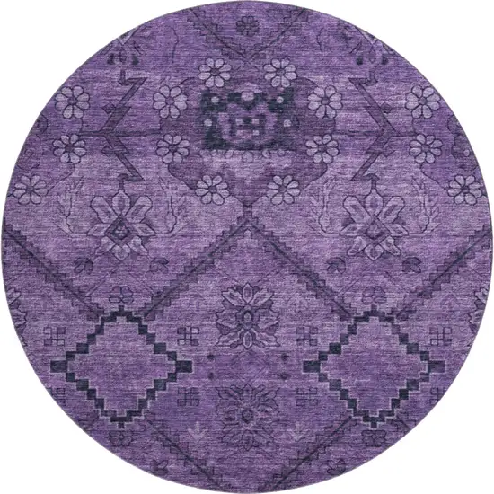 8' Eggplant And Gray Floral Washable Round Rug With UV Protection Photo 1