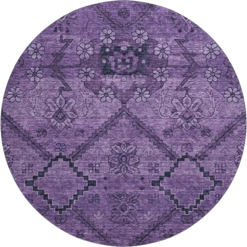 8' Eggplant And Gray Floral Washable Round Rug With UV Protection Photo 1