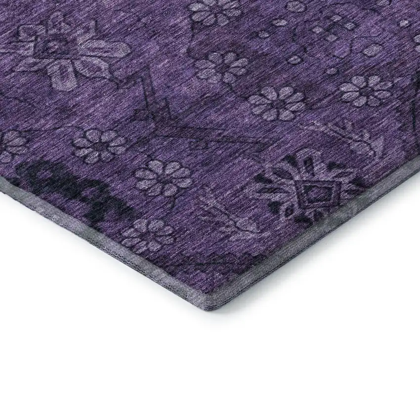 8' Eggplant And Gray Floral Washable Round Rug With UV Protection Photo 7