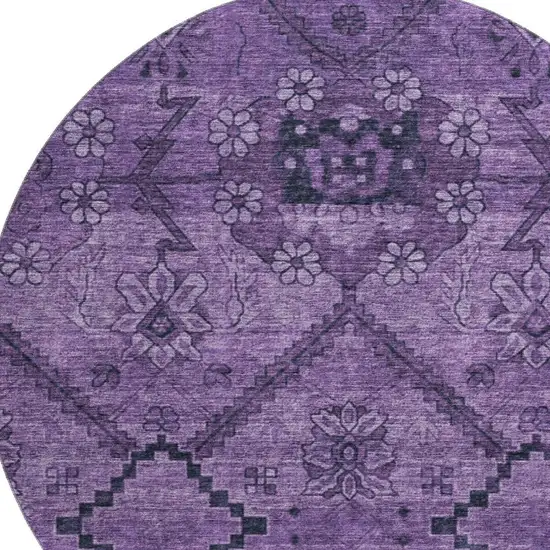 8' Eggplant And Gray Floral Washable Round Rug With UV Protection Photo 3