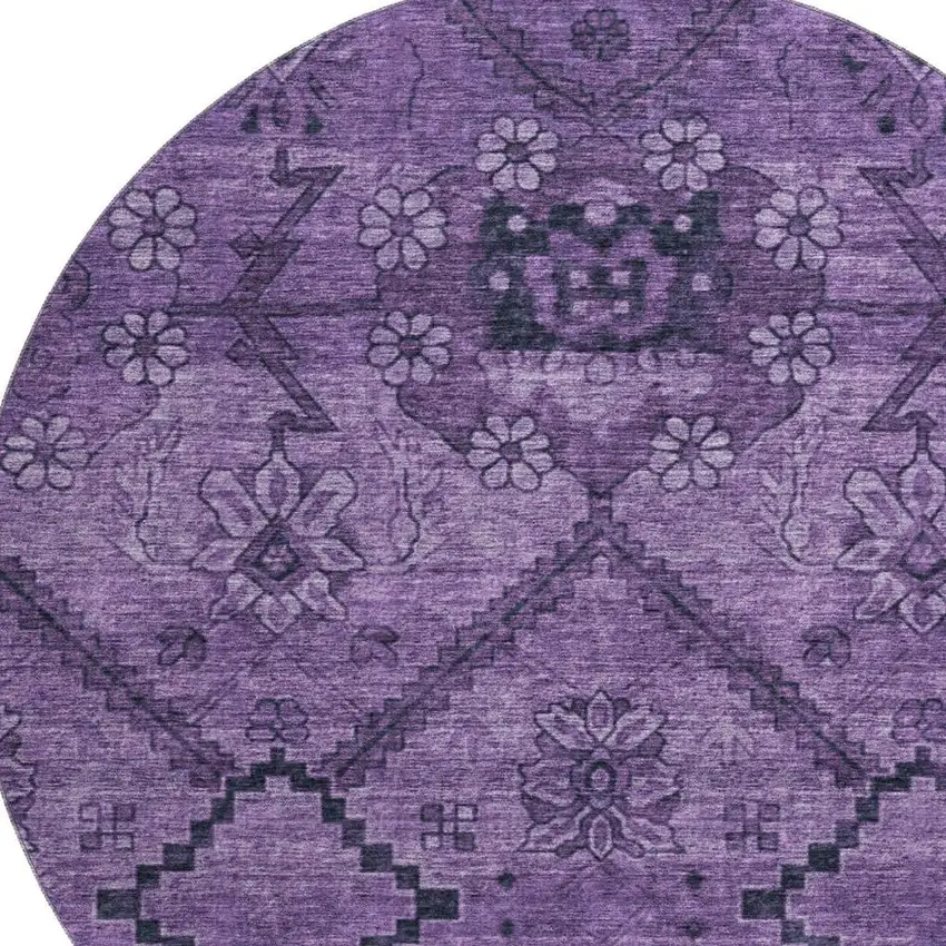 8' Eggplant And Gray Floral Washable Round Rug With UV Protection Photo 3