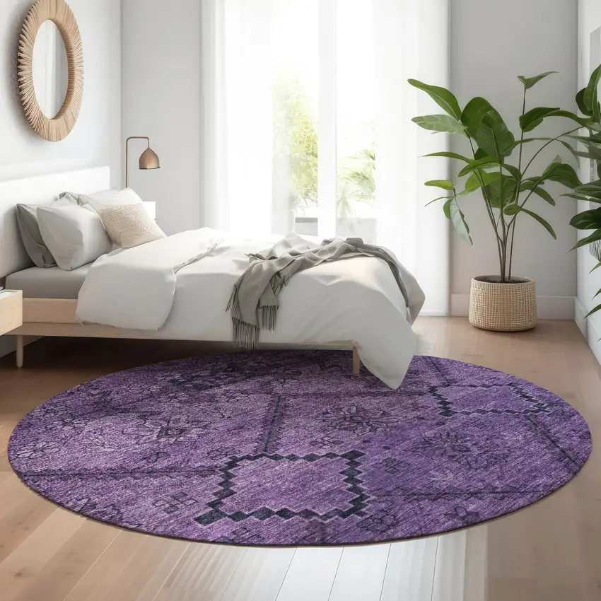 8' Eggplant And Gray Floral Washable Round Rug With UV Protection Photo 5