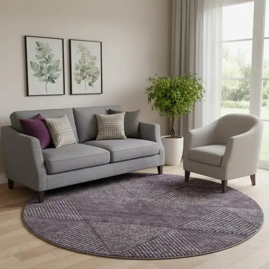 8' Eggplant And Gray Geometric Washable Round Rug With UV Protection Photo 1