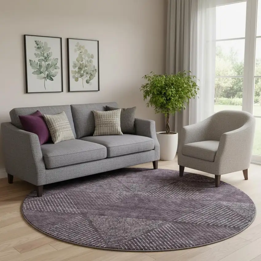 8' Eggplant And Gray Geometric Washable Round Rug With UV Protection Photo 1