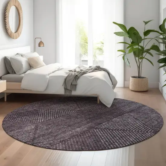 8' Eggplant And Gray Geometric Washable Round Rug With UV Protection Photo 5