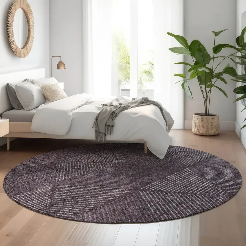 8' Eggplant And Gray Geometric Washable Round Rug With UV Protection Photo 5