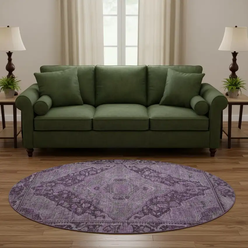 8' Eggplant And Gray Oriental Washable Round Rug With UV Protection Photo 2