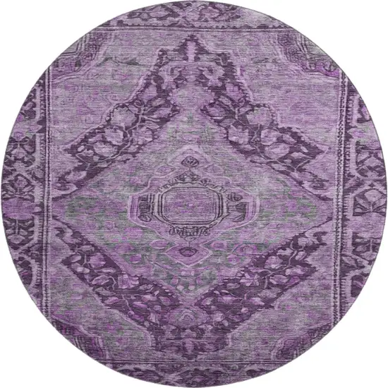 8' Eggplant And Gray Oriental Washable Round Rug With UV Protection Photo 1
