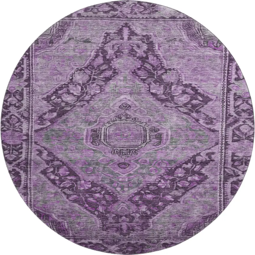 8' Eggplant And Gray Oriental Washable Round Rug With UV Protection Photo 1