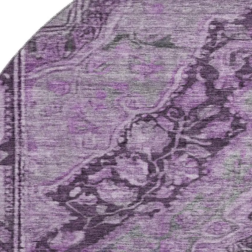 8' Eggplant And Gray Oriental Washable Round Rug With UV Protection Photo 2