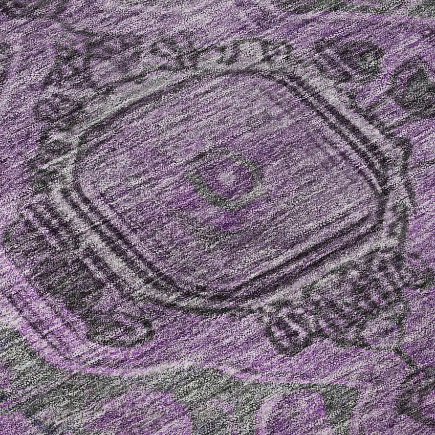 8' Eggplant And Gray Oriental Washable Round Rug With UV Protection Photo 8