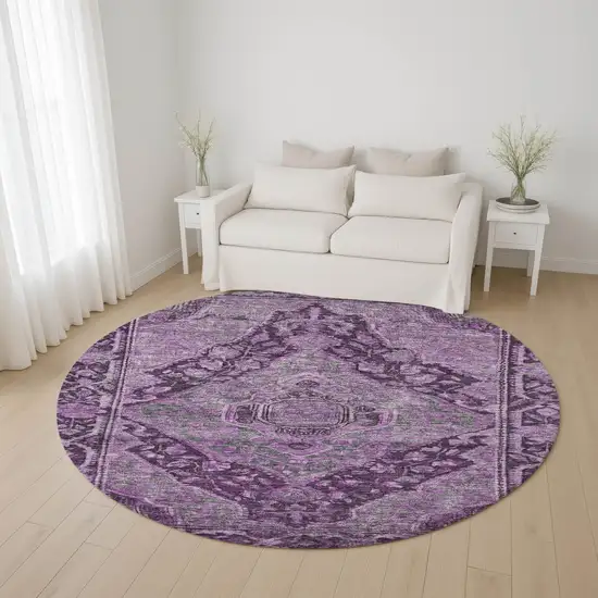 8' Eggplant And Gray Oriental Washable Round Rug With UV Protection Photo 4